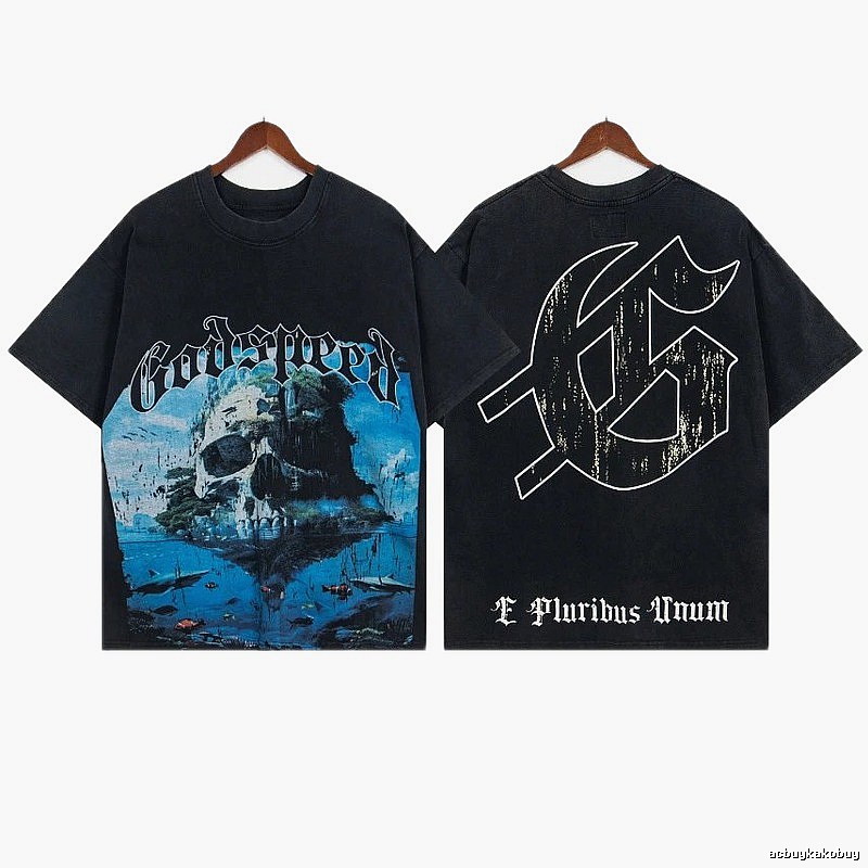 Godspeed Skull Print Vintage Distressed Black T-Shirt