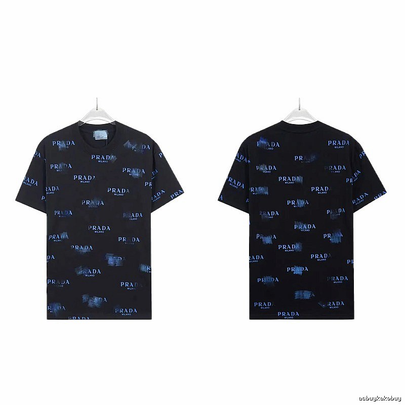 Prada All-over Printed Streetwear Style Black Short-sleeve T-shirt