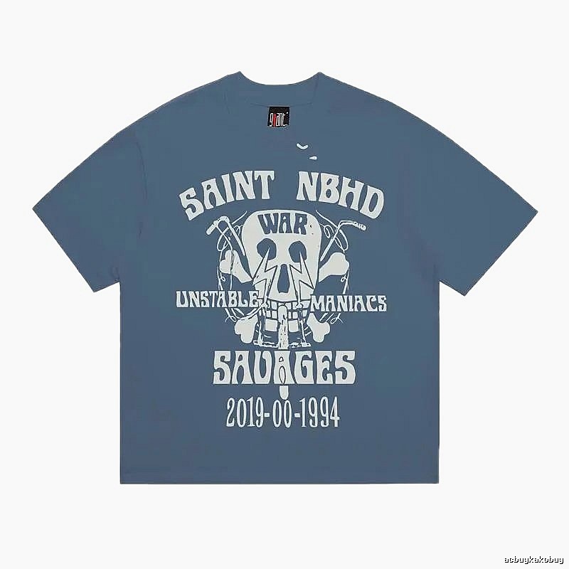 SAINT Skull Print Vintage Grey-Blue Short Sleeve T-Shirt