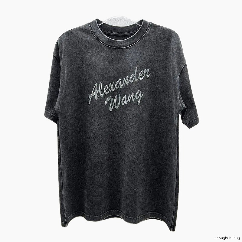 Alexander Wang Distressed Charcoal Gray Rhinestone-embellished Short Sleeve T-Shirt