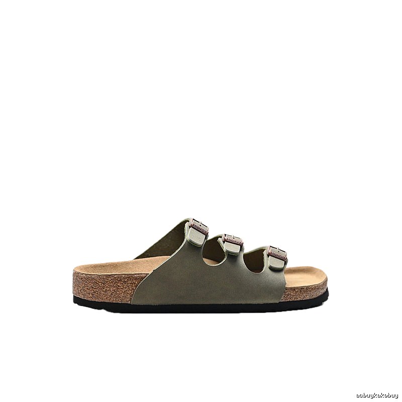 Birkenstock Three-Buckle Casual Army Green Cork Slide Sandals