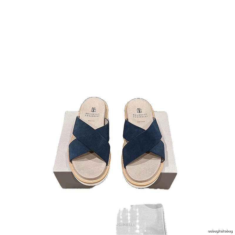 Brunello Cucinelli Minimalist Casual Navy Blue Slide Sandals