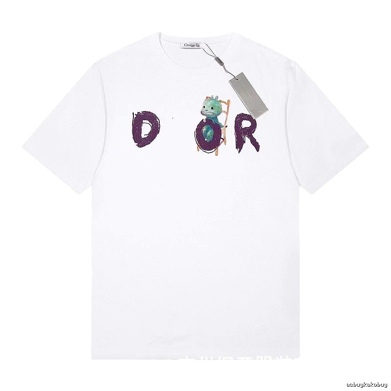 Dior Dinosaur Graffiti Cool Trendy White Short-sleeve T-shirt