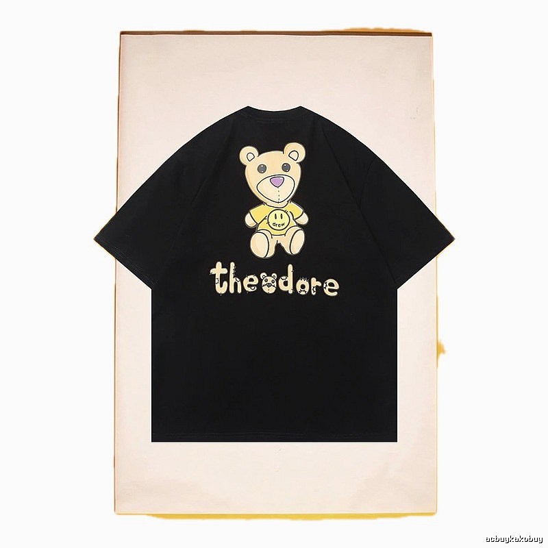 DREW Bear Print Streetwear Brand Black Short Sleeve T-shirt