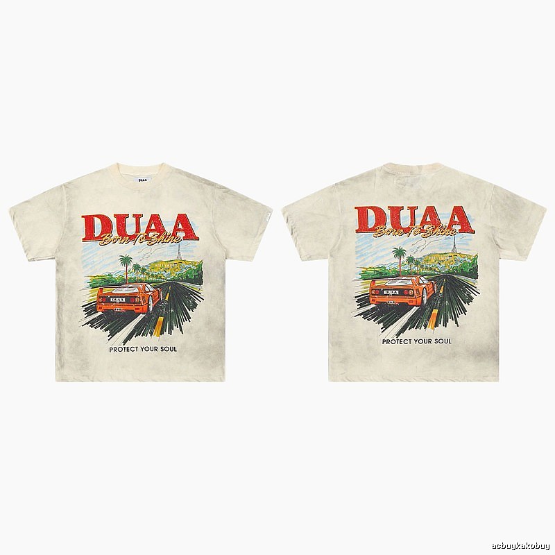 DUAA Sports Car Print American Retro Off-white Short Sleeve T-Shirt