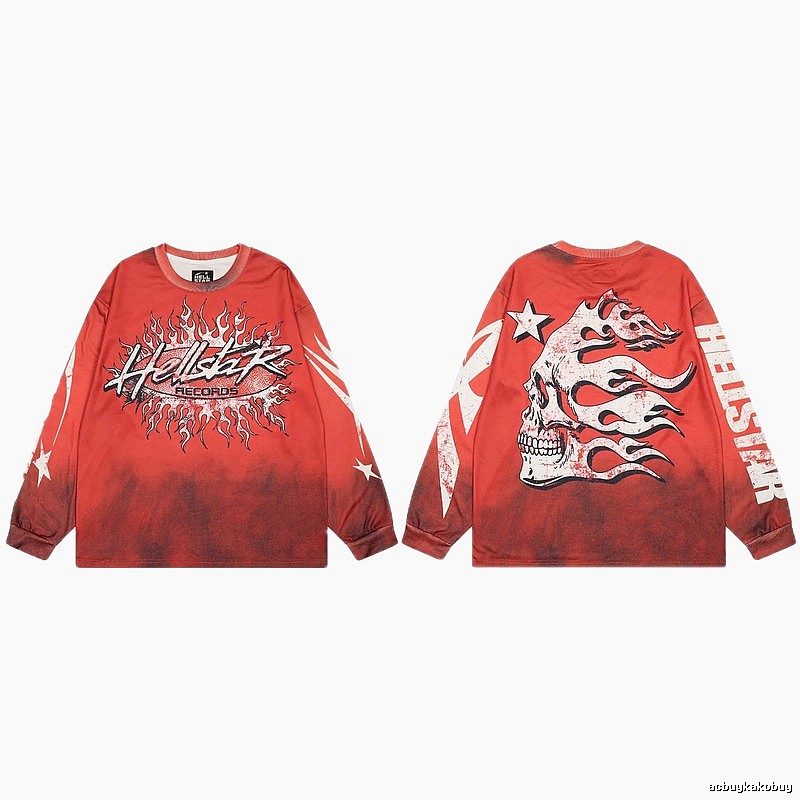 Hellstar Skull Flame Street Style Red Long Sleeve T-shirt