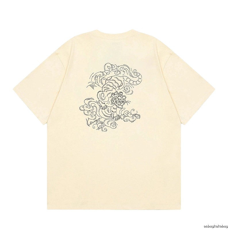 KENZO Auspicious Cloud Tiger Embroidery Chinese Style Beige Apricot Short Sleeve T-Shirt