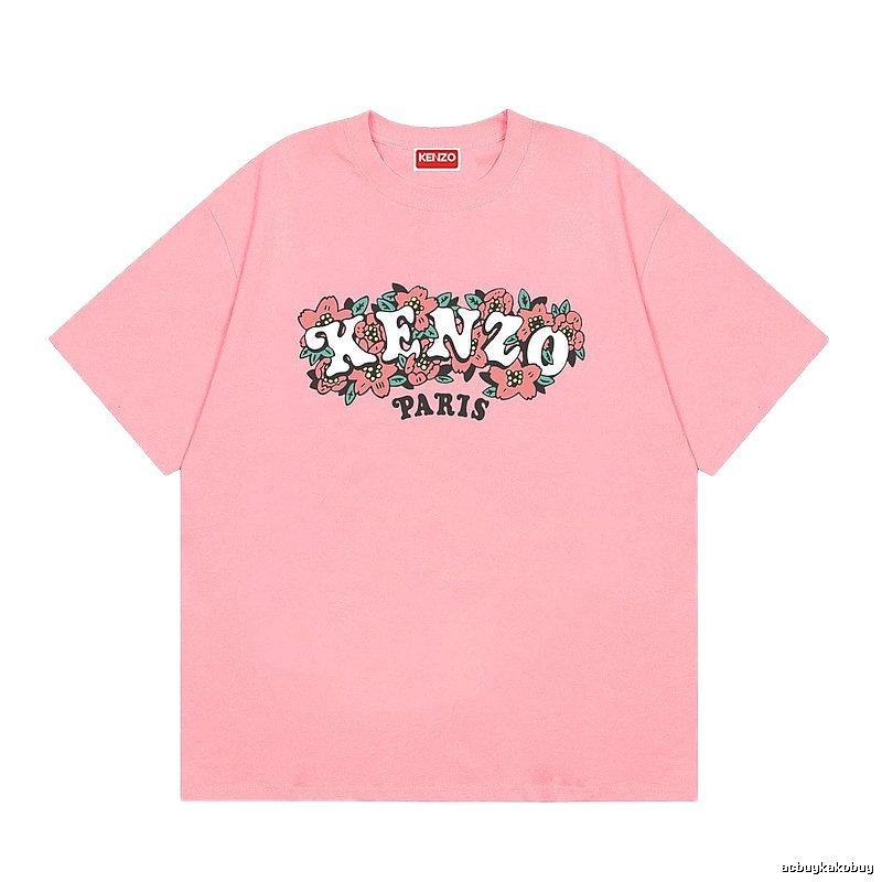 KENZO Trendy Pink Floral Print Short Sleeve T-shirt