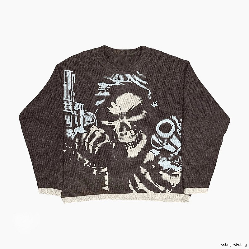 Lightweight Anime graphic sweater Black Knit Top for Gift Ideas