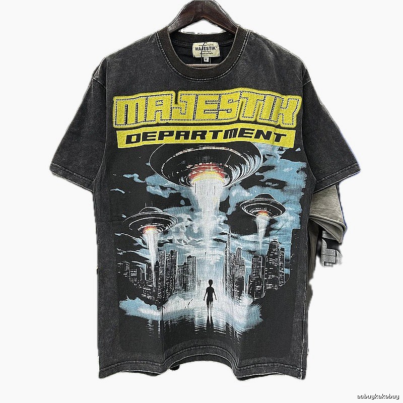 MAJESTIK Flying Saucer Print Vintage Washed Black T-Shirt