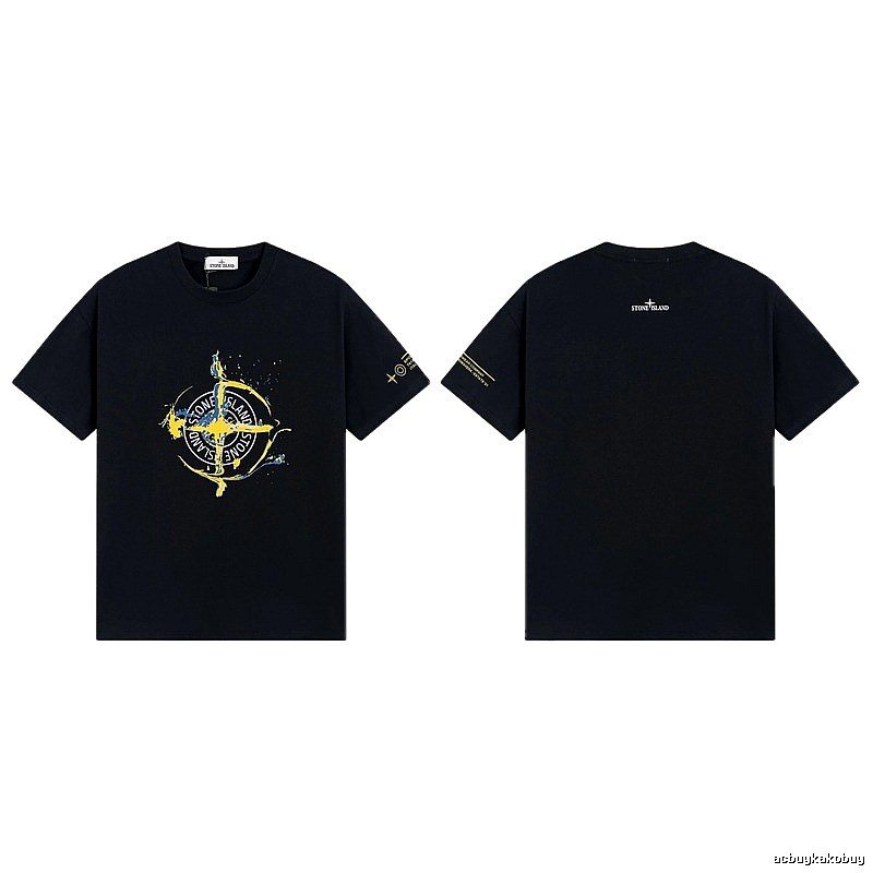 Stone Island Ink-splattered Street Style Black Short-sleeve T-shirt