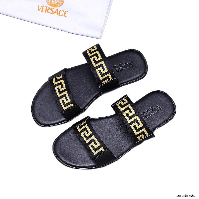 Versace Greek Key Light Luxury Black & Gold Slide Slippers